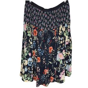 Lands' End Floral Pleated Midi Skirt 10P Petite Navy Cottagecore Boho Spring